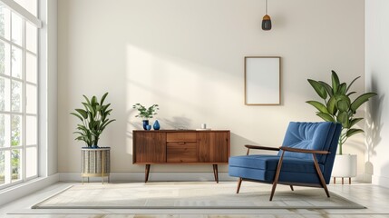 Fototapeta premium Minimalist Living Room with Teal Chair and Wooden Furniture in a Modern Style, Featuring Teal Blue and Light Wood for a Calm and Inviting Home Interior
