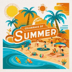 Stylish vector art series of summer posters. beach scene with people playing and relaxing. There are palm trees, umbrellas, and a large wave. The sun is shining and there are beach balls.