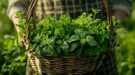Naklejka premium Close-up of a basket filled with freshly harvested organic herbs