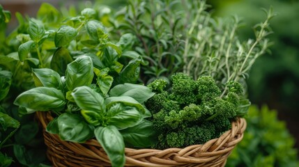 Naklejka premium Close-up of a basket filled with freshly harvested organic herbs