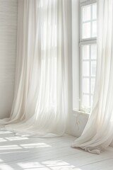 Bright white curtains fluttering by window
