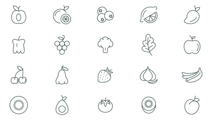 Fruits and berries line icons collection. Orange banana melon apple, blueberry, pineapple pomelo, kiwi peach, fig kiwi fresh fruits icon pack. Thin outline icons.