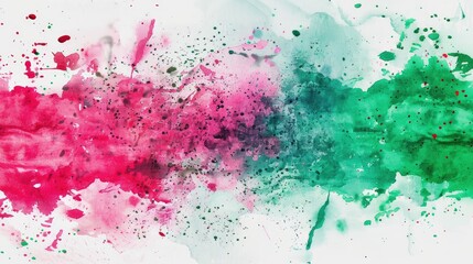 Colorful watercolor paint splashes in green and pink on horizontal background