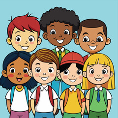 Cartoon illustration of different school kids. Different ethnicity school kids
