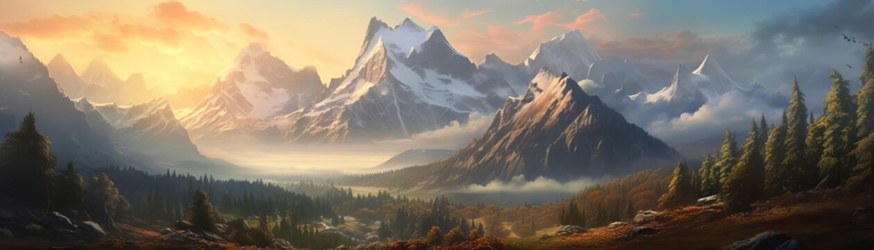 Majestic mountains in the distance with a beautiful lake in front, surrounded by lush greenery under a setting sun.