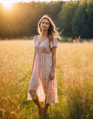 Woman in loose dress standing in the sunlight in meadow
