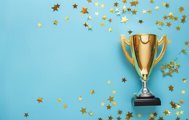 A golden trophy on a teal background, surrounded by sparkling stars. Symbolizes achievement, victory, and excellence. A perfect image for celebrating success, honoring winners, or motivating performe