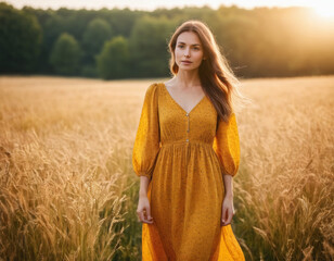 Obraz premium Woman in loose dress standing in the sunlight in meadow