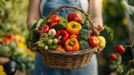 Close-up of a hand holding a basket of freshly picked organic vegetables