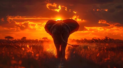 Majestic Elephant Silhouette Against Captivating Sunset Skyline in African Savanna Landscape