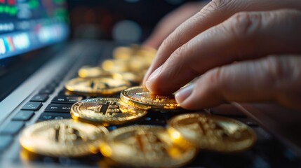 Close-up of a hand using a laptop to trade cryptocurrencies