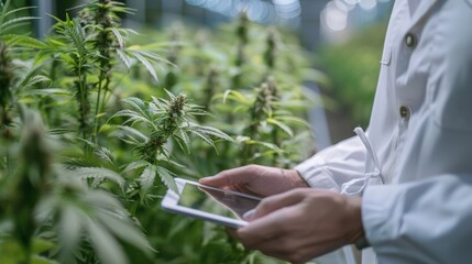 Close-up of a lab technician using a digital tablet to monitor cannabis growth