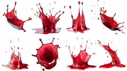 Set of vibrant and energetic splashes of a red liquid similar to red berry jam, juice or punch, cut out,
