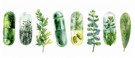 Watercolor Illustration of Herbal Supplements and Plants