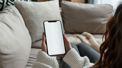 woman holding iphone laying on sofa with white screen mockup and pillow, in the style of use of fabric, clear edge definition