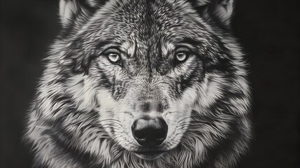 Fototapeta premium Powerful Wolf Portrait with Captivating Eye Contact in Cinematic Monochrome
