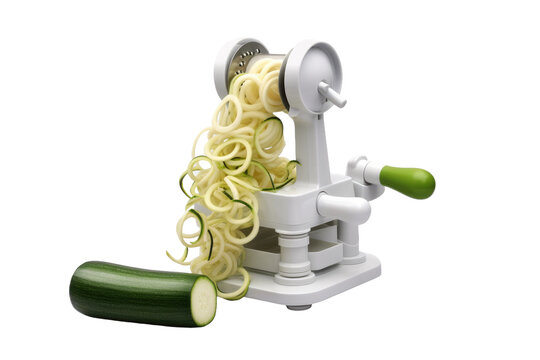 Spiralized zucchini noodles, green vegetable spiral cutter slicer, healthy low carb cooking ingredient concept isolated on Transparent Background