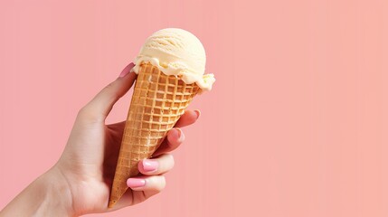Delicious ice cream cone in hand, tempting summer treat on vibrant peach background. 