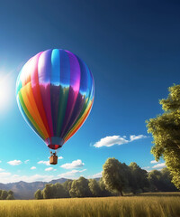 a colorful hot air balloon in the sky with the sun shining through the trees.