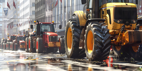 Imposing Front View of a Massive Yellow Tractor in Spectacular.Agricultural Machinery on a Clean...