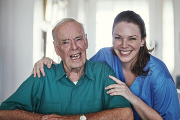 Senior, happy patient and portrait with caregiver in healthcare for support, elderly care or trust...