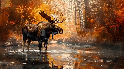 Majestic Moose in Autumnal Watercolor Landscape with Reflecting Stream