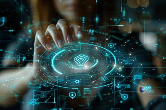 AI showing security system 1. icon 2. hand 3. key 4. hologram white background