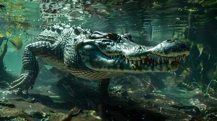 Obraz premium Powerful Alligator Dominates Watery Habitat in Intricate CGI Masterpiece