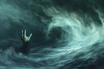 A painting depicting a hand reaching out of the water in a surreal and mysterious scene