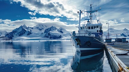 Arctic Expedition SA Fishing Trawler Moored at Dock with Ice-Capped Mountains Background
