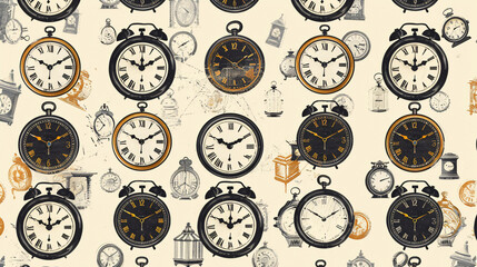 Seamless pattern of vintage clocks, timeless and elegant, repeating motif