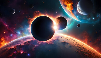 Obraz premium Eklipse gelb orange wie Feuer strahlend hinter ein fernen Sonne, wie eine Explosion im Weltall ferner Galaxien bunt leuchtend mit Planeten und Monden als Hintergrund Vorlage dynamischer Entwicklung