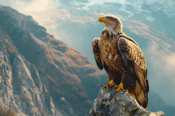 Majestic Eagle Perched on Rugged Rocky Cliff with Vibrant Watercolor Background Landscape