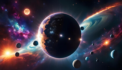 Planeten Monde Sonne Sterne in bunt leuchtenden Galaxien ferner Welten Weltall All Kosmos, Phänomene des Universum, kosmische Stürme, Flammen Feuer und Energie unendlicher Weiten, Hintergrund Vorlage