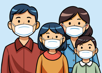 Dad Mom Daughter Son wearing a surgical mask