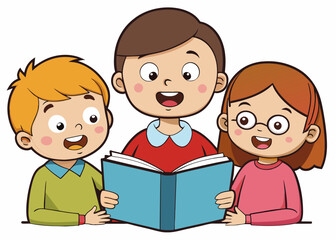 Cute cartoon kids and teacher reading book