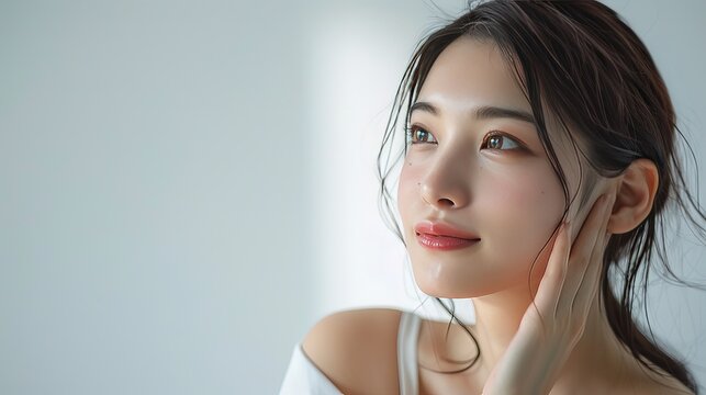 Hyper realistic photograph for news media of a young Japanese woman gently touching her face
