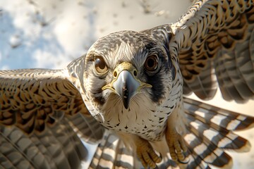 Fierce Falcon's Intense Gaze Against Vast Sky in Digital CG 3D Portrayal