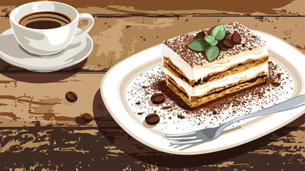 Plate with tasty tiramisu and coffee on table Vector