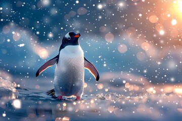 Playful Penguin Waddling on Sparkling Ice Under Starlit Sky