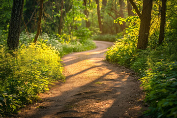 Obraz premium A path through a forest with a road running through it