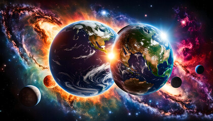 zwei Planeten Erde die auseinander erwachsen, zweiter Erdball, Planet 2, globale Krise vor bunt leuchtendem Universum, Umweltschutz und Zerstörung, neben Neugeburt Symbol der Hoffnung