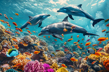 Three dolphins swimming in a sea of fish