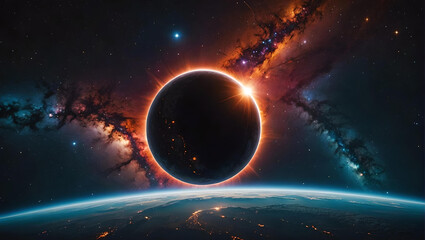 Obraz premium Eklipse gelb orange wie Feuer strahlend hinter ein fernen Sonne, wie eine Explosion im Weltall ferner Galaxien bunt leuchtend mit Planeten und Monden als Hintergrund Vorlage dynamischer Entwicklung