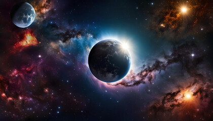 Eklipse der Sonne um die Erde leuchtend vor dunklen Universum mit bunten Galaxien, Planeten und Monden, Vorlage und Hintergrund zu Solar Sonnensystem Sonnenfinsternis Mondfinsternis Weltall Kosmos