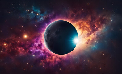Obraz premium Eklipse der Sonne um Mond mit leuchtenden Strukturen im dunklen Universum Weltall All voller bunter Galaxien, Sterne, Planeten als fantasievolle Vorlage Hintergrund, Solar Ereignisse, Mondfinsternis