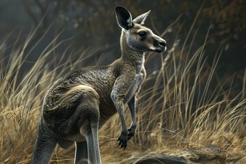 Majestic Kangaroo in a Vigilant Pose Amidst the Lush Australian Grassland