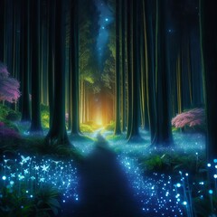 A mystical pathway in a forest with glowing flora and a bright light in the distance, exuding a magical atmosphere.. AI Generation