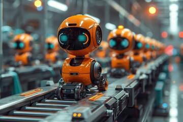 Manufactured small robots on a production line conveyor in a factory, selective focus.