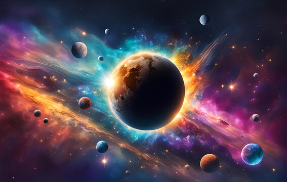 Eklipse der Sonne um Mond mit leuchtenden Strukturen im dunklen Universum Weltall All voller bunter Galaxien, Sterne, Planeten als fantasievolle Vorlage Hintergrund, Solar Ereignisse, Mondfinsternis
